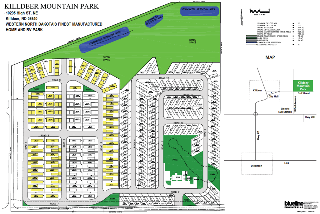 Site map of Killdeer Mountain Park showing mobile home sites, RV sites, roads, green space, and park layout